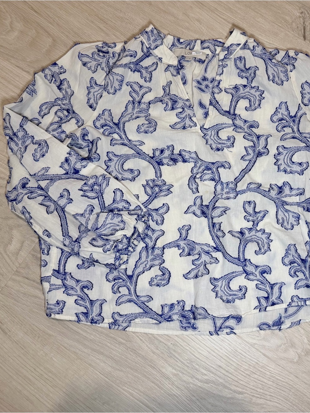 LOFT White Top with Blue Floral Scroll Embroidery